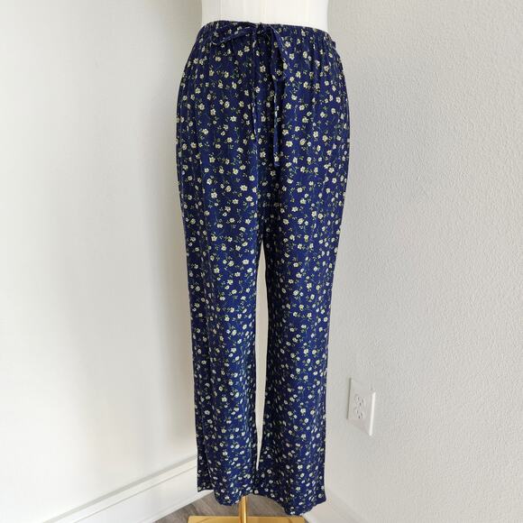 Vintage 90s Blue Floral Pants High Rise Straight Leg Elastic Grandmacore L/XL - Picture 1 of 11
